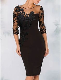 Sheath Cocktail Elegant Dress Fall Wedding Guest Dress Long Sleeve Black Dress Midi Dress Floral Embroidery Illusion Neck With Beading Lace Wedding Guest Dress Long Sleeve, Dress Fall Wedding Guest, Wedding Guest Dress Long, Black Dress Midi, Wedding Guest Dresses Long, Long Sleeve Black Dress, Midi Dress Floral, Sleeve Black Dress, Fall Wedding Guest