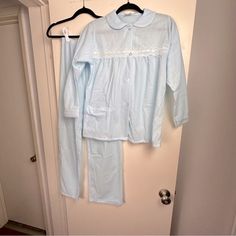 Carole Matching Vintage, Light Blue, Women’s Pajamas Set, Long Sleeve, Lace Top And Pull On Women’s Pants. Nwot Size 34, I’m Not Sure What That Translates Into, Maybe A Small Or Medium. See Measurements. The Waistband Does Have Stretch. -Long Sleeves Top -Lace Detail -Button Front -Pull On Pants -Matching Set -80% Acetate, 20% Nylon -Made In Usa -Soft, Cozy -Comfy -Bedtime, Sleepy Time -Loungewear -Vacation -Cruise -Honeymoon Trip -Anniversary Trip -Valentines Day -Cottage Core -Grandma Chic -Gr 80s Pajamas Vintage, Light Blue Cotton Loungewear Sets, Light Blue Cotton Lounge Sets, Blue Sleepwear Long Pants For Loungewear, Blue Long Pants Sleepwear For Loungewear, Blue Cotton Sets With Long Pants, Fitted Light Blue Loungewear Sets, Light Blue Fitted Loungewear Sets, Blue Sleepwear Sets With Long Pants