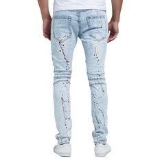 Men’s Light Blue Stacked Knee Paint Splatter Jeans  Features    Product ID: PS003   Season: Spring, Summer, Autumn   Material: Cotton, Denim   Color: Light Blue   Fit: Skinny  Featured: Artistic paint splatter jeans  Softness: Medium   Thickness: Medium   Stretch: Not Elastic    Size Info   S:      Waist 37.6″ | Hip 47.5″ | Length 49.5″ M:     Waist 40.1″ | Hip 49.5″ | Length 50.5″ L:      Waist 42.5″ | Hip 51.4″ | Length 51.4″ XL:   Waist 45.0″ | Hip 53.4″ | Length 52.4″ 2XL: Waist 47.0″ | Hip Ribbed Jeans, Slim Fit Ripped Jeans, Paint Splatter Jeans, Pants Outfit Men, Hip Hop Jeans, Men Jeans Pants, Denim Jeans Men, Printed Jeans, Type Of Pants