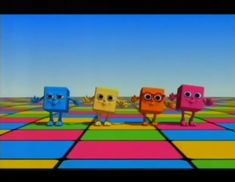 three cartoon characters are standing on a multicolored surface