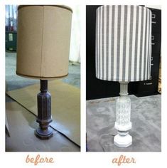 before and after photos of a lamp turned on to a lampshade with the same shade