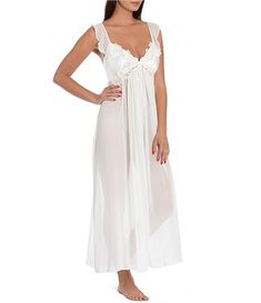 In Bloom by Jonquil Sheer Chiffon & Satin Sweetheart Neck Long Gown | Dillard's White Satin Summer Gown, White Gown With Ruffles And Sweetheart Neckline, White Sheer Satin Dresses, Elegant Ruffled Nightgown For Wedding Night, Feminine Ruffled Nightgown For Wedding, Feminine Ruffled Wedding Nightgown, Elegant White Ruffled Nightgown, Elegant White Nightgown With Ruffles, Feminine Sheer Gown