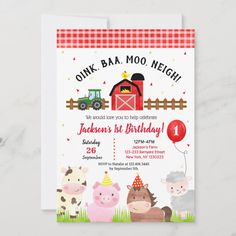 a farm birthday party card with animals and a tractor on the front, in red gingham