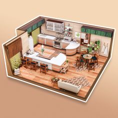 an overhead view of a kitchen and living room