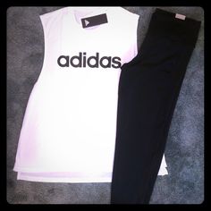 2 In 1 Price , Both Are Brand New With Tag In Size Large Of: 1.Adidas- Tank Top In White With Black Logo Brand Print 2.Adidas- Climalite Leggings 7/8 (Almost Full Length) With 1 Pocket On The Right Side For Phones Or Keys, White Logo Brand Print At The Back..( See Pictures) “Reasonable Offers Are Always Welcome “ N “Save More For Bundled “.. Casual Sleeveless Adidas Activewear, Adidas Athleisure Activewear, Casual Adidas Activewear With Stretch, Adidas Logo Stretch Training Leggings, Adidas Logo Sportswear Leggings For Training, Adidas Yoga Sportswear With Logo, Adidas Training Leggings With Stretch, Adidas Stretch Training Leggings, Adidas Athleisure Activewear With Athletic Fit