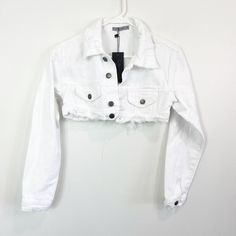 Super Cropped Jacket, Trendy White Cropped Denim Jacket, White Cropped Denim Outerwear, Cropped Fitted Denim Jacket With Frayed Hem, Fitted Cropped Denim Jacket With Frayed Hem, White Denim Jacket With Frayed Hem For Fall, Winter Fitted Ripped Denim Jacket, Casual White Cropped Denim Jacket, White Cropped Denim Jacket For Spring