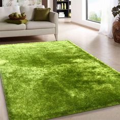 a living room with a white couch and green rug