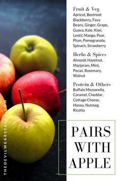 an advertisement for pears with apples on a black background and white text below it