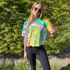 Tye Dye Cropped Tee - Size Medium But Model Is Super Skinny! Fits Most Sizes - Brand New Shirt Bought To Tye Dye - Diy Tye Dye But Looks Professional Summer Rainbow Crew Neck Top, Casual Rainbow T-shirt For Summer, Casual Rainbow Short Sleeve Top, Casual Tie Dye Crop Top, Casual Rainbow Relaxed Fit Top, Summer Multicolor Crew Neck Top, Multicolor Crew Neck Summer Top, Fun Tie Dye Crew Neck Top, Fun Tie Dye Short Sleeve Tops