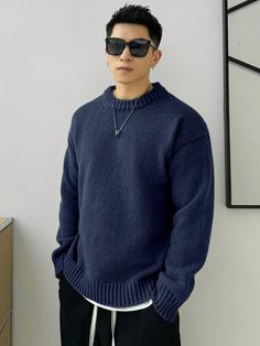 Men's Casual Round Neck Solid Color Drop Shoulder Sweater, Autumn/Winter Navy Blue Casual  Long Sleeve Knitwear Plain Pullovers High Stretch Fall/Winter Men Clothing, size features are:Bust: ,Length: ,Sleeve Length: Drop Shoulder Sweater, Sweater Autumn, Navy Blue Sweater, Drop Shoulder Sweaters, Knitwear Men, Navy Sweaters, Men Clothing, Kids Beachwear, Kids Sleepwear