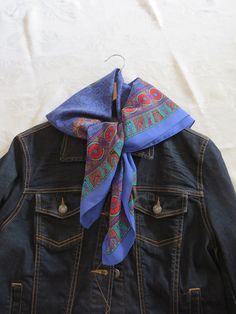 "A vividly periwinkle blue with lots of intricate patterns square polyester scarf. 31\" x 31\" - good head or neck scarf size. Very good to excellent condition with no damage and I have gently hand washed it. Dressy, preppy, lovely. Ready to accessorize!  https://vintageoak.etsy.com" Blue Paisley Print Bohemian Scarf, Blue Bohemian Paisley Print Scarves, Blue Bohemian Scarf With Paisley Print, Casual Blue Scarves With Bandana Print, Blue Casual Bandana Print Scarf, Casual Blue Bandana Print Scarf, Casual Blue Bandana, Bohemian Blue Scarf Bandana, Bohemian Blue Bandana Scarf