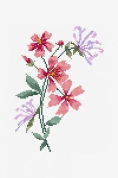 a cross stitch pattern with pink and purple flowers