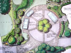 a drawing of a circular garden with lots of trees