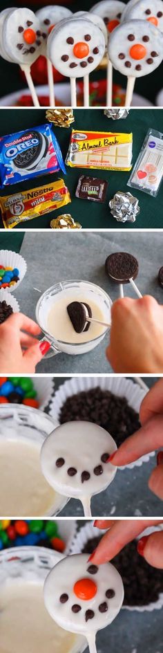 the process of making halloween oreo pops is shown in three different pictures, including chocolate and marshmallows