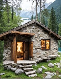 a small stone cabin with steps leading to it