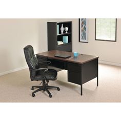 an office desk with two chairs and a bookcase in the corner next to it