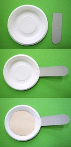 four different views of white plates and spoons on green background with text overlay