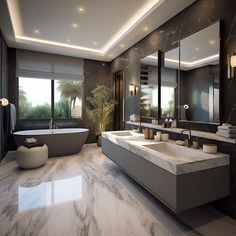 a large bathroom with two sinks and a bathtub in the middle of the room