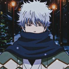 an anime character with white hair and blue eyes wearing a scarf in front of a christmas tree