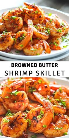 two plates filled with cooked shrimp and garnished with parsley on the side