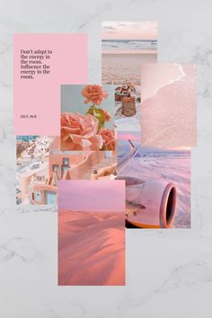 pink and white collage with words on it