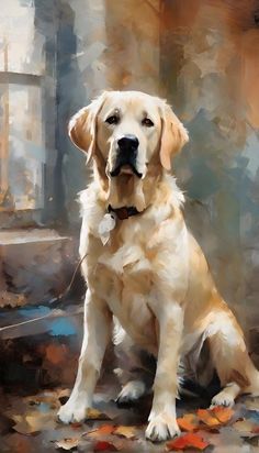 a painting of a golden retriever sitting on the ground in front of a window