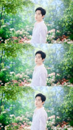 three different shots of a man in white shirt and tie with flowers on the background