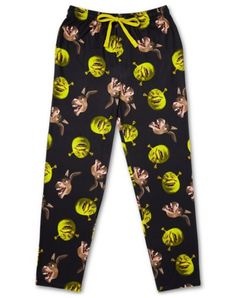 the children's pajama pants with monkeys on them are black and yellow