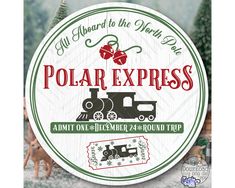 the polar express logo is shown in front of some christmas trees and other holiday decorations