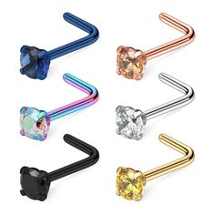 PRICES MAY VARY. You will receive 6pcs mix color CZ nose rings((one silver bar w clear CZ, one black bar w black CZ,one gold bar w yellow CZ,one rainbow bar w crystal AB CZ,one blue bar w blue CZ,one rose gold bar w champagne CZ)) Gauge: 20g(0.8mm); Pin Length:6.5mm;Cubic Zirconia Size:3mm Material: 316L surgical steel + Cubic Zirconia Secure Four Prong-set CZ Part is Securely Inlaid and Will Not Loose Easily As Other Piercing. Package include:6pcs nose studs pr pack(each color one piece), come Industrial Piercing Barbells, Rainbow Bar, Tapers And Plugs, Nose Piercing Hoop, Gold Clothing, Pink Look, Rose Gold Bar, Blue Bar, Pink Passion