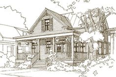 a drawing of a house in the woods