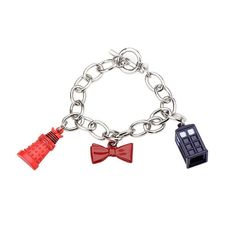 the doctor who inspired charm bracelet has two charms attached to it and is red with a bow tie