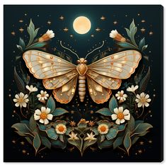 a painting of a butterfly with flowers and stars on it's wings in front of a full moon