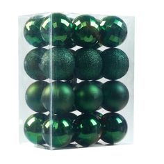 a clear box filled with green christmas balls