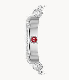 This Caber Isle Stainless Diamond Watch shines with 208 hand-set diamonds along the bezel, t-bar and mother-of-pearl dial. Graced with brillant sapphire crystal and red Michele logos on the dial and crown, this eye-catching piece radiates luxury. An 18mm stainless seven-link bracelet adds the finishing touch and is interchangeable with any 18mm Michele strap.