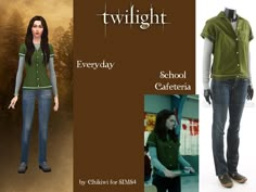 the twilight movie character is wearing jeans and a green shirt