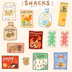 some snacks are arranged on top of each other with the words snack snacks above them