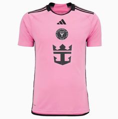 a pink soccer jersey with black stripes and an anchor on the chest, in front of a white background