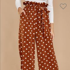 Brown Polka Dot Pants, New With Tags And Never Worn Spring Polka Dot Bottoms With Pockets, Chic Polka Dot Bottoms For Spring, Chic High Waist Polka Dot Bottoms, Chic Polka Dot Wide Leg Pants, Chic Wide Leg Polka Dot Pants, Chic Polka Dot Bottoms With Elastic Waistband, Polka Dot High Waist Bottoms With Elastic Waistband, High Waist Polka Dot Bottoms With Elastic Waistband, Spring Polka Dot Trousers