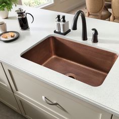 a kitchen sink sitting on top of a white counter next to a potted plant