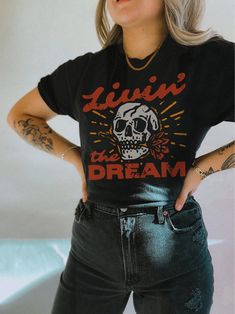 Living The Dream UNISEX Shirt Comfort Colors® Grunge Edgy Graphic Tee Rock n Roll Vintage Rebel Oversized Tee Dress Boho Hippie Clothes  Shop all Luna + June - https://www.etsy.com/ca/shop/LunaandJuneApparel  Please read before placing your order  1. All our apparel is GENDER NEUTRAL / UNISEX. The relaxed fit is flattering for all bodies. 2. Refer SIZE CHART for measurements. Upsize for oversized looks. 3. This t-shirt is a Comfort Colors 100% pure cotton, unisex fit, soft washed and garment dye Christmas Outfit Aesthetic, Mom Clothes, Outfits Fo, Teacher Outfits Fall, Cozy Fall Outfits, Hippie Clothes, Alt Style, Living The Dream, Concert Outfits