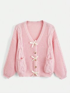 Cable Knit Bow Front Lantern Sleeve Cardigan, School Pink Casual  Long Sleeve Fabric Plain  Medium Stretch  Women Clothing, size features are:Bust: ,Length: ,Sleeve Length: Lantern Sleeve Cardigan, Knit Bow, Áo Len Cardigan, Cold Shoulder Sweater, Pink Cardigan, Tie Styles, Lace Bows, Cable Knit Cardigan, Pink Outfits