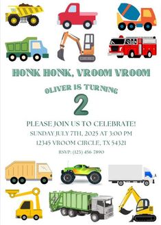 an image of a birthday party with trucks and construction vehicles on the front of it