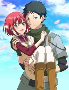 two anime characters are hugging in front of the sky