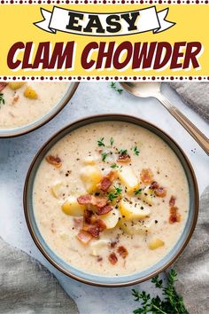 two bowls filled with clam chowder on top of a white cloth and yellow border