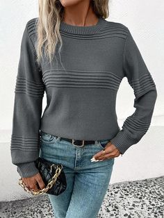 Long Sleeves Loose Solid Color Split-Joint Round-Neck Pullovers Sweater Tops Sweater Tops, Chic Sweaters, Deep Gray, Round Neck Sweaters, Mini Velvet Dress, Pullover Sweater Women, Loose Blouse, Belleza Natural, Solid Dress