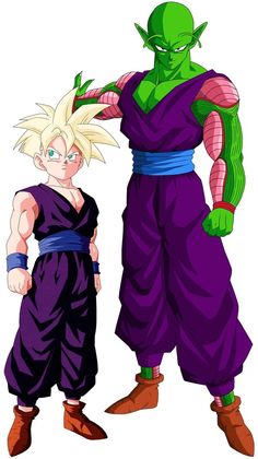 two cartoon characters one is green and the other is purple with an evil look on his face