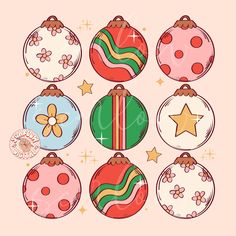 six christmas ornaments with different designs on them