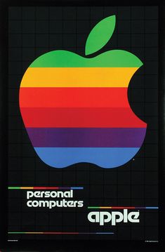 an apple advertisement with the colors of rainbow on it's back side, in front of a black background