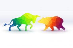 two colorful animals standing next to each other on top of a white surface and facing each other